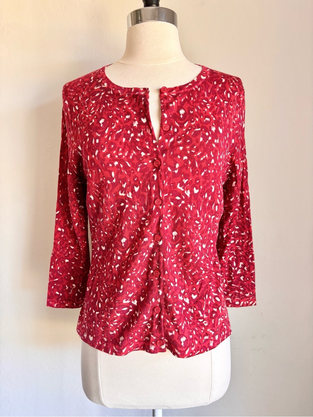 Garnet Hill Merino Wool Red Abstract Print Button-Front Cardigan, 3/4 Slv, SM